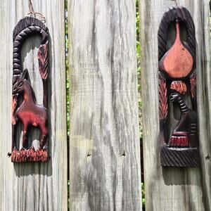 Handcarved African Wood Wall Hangings: Woman & Gazelle, Ghana Decor (Set of 2)
